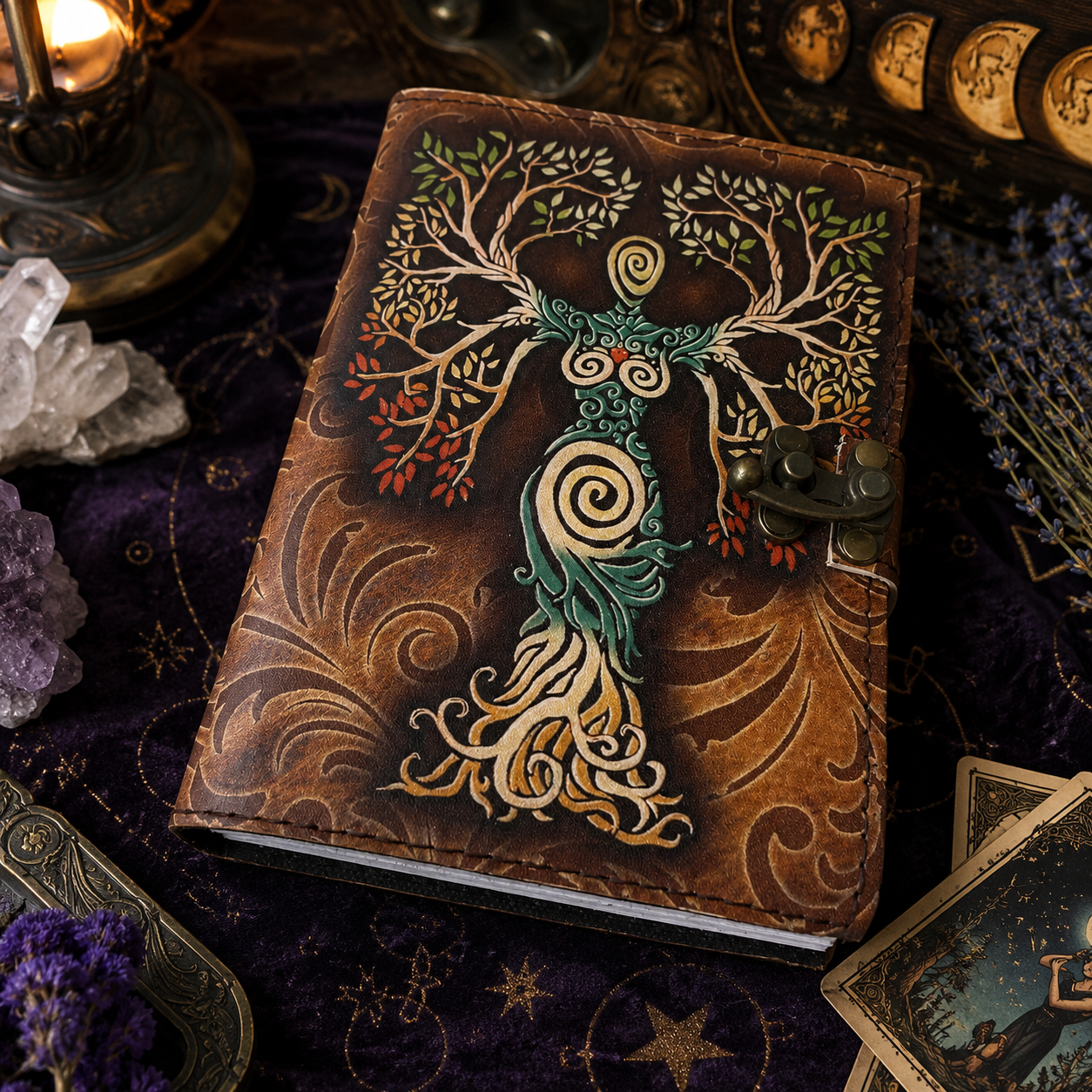 Book of Shadows journal with lock clasp – handmade leather witch grimoire, blank deckle pages, view 2