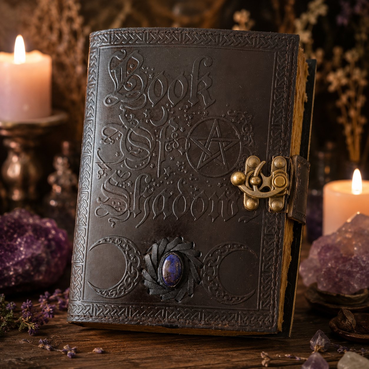 Book of Shadows Moon Stone Leather Journal – Vintage Handmade Witch Grimoire – leather journal, back cover view