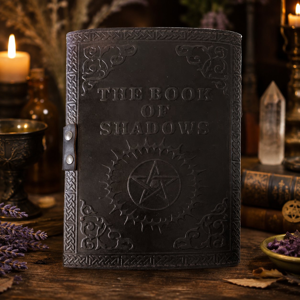 Book of Shadows Moon Stone Leather Journal – Vintage Handmade Witch Grimoire – leather journal, open blank pages view