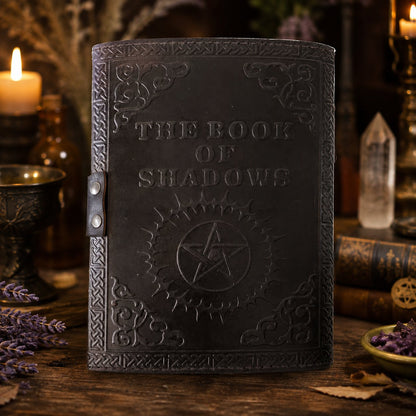 Book of Shadows Moon Stone Leather Journal – Vintage Handmade Witch Grimoire – leather journal, open blank pages view