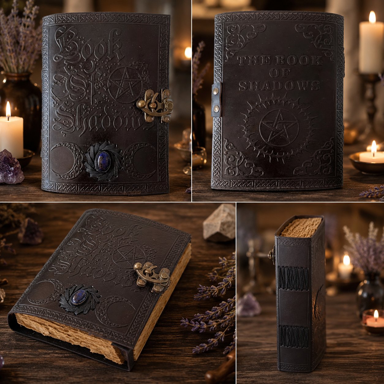 Book of Shadows Moon Stone Leather Journal – Vintage Handmade Witch Grimoire – leather journal, close-up cover detail