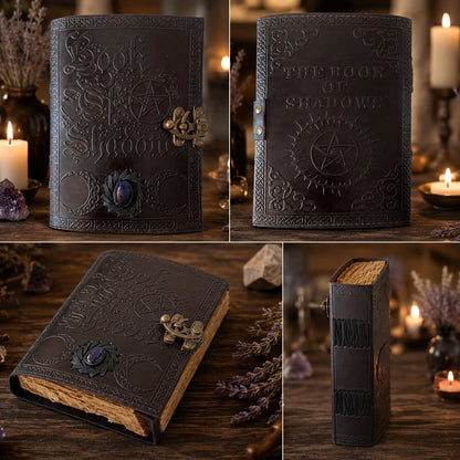 Book of Shadows Moon Stone Leather Journal – Vintage Handmade Witch Grimoire – leather journal, close-up cover detail