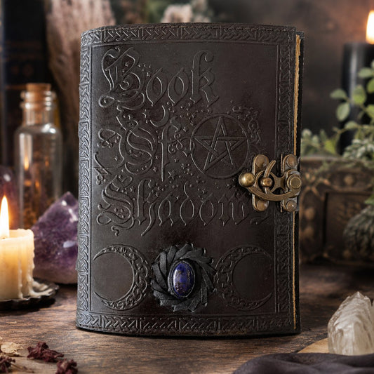 Book of Shadows Moon Stone Leather Journal – Vintage Handmade Witch Grimoire – leather journal, front cover view
