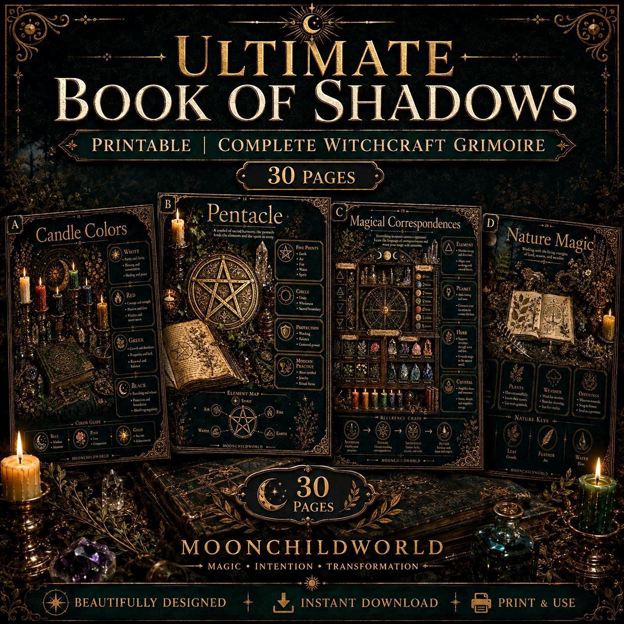 Printable Book of Shadows pages featuring gold text and mystical illustrations on a dark, candlelit background.