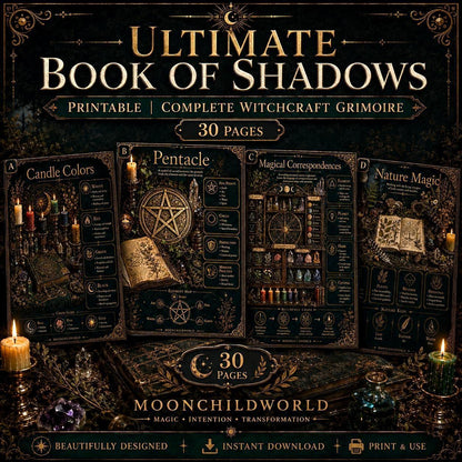 Printable Book of Shadows pages featuring gold text and mystical illustrations on a dark, candlelit background.
