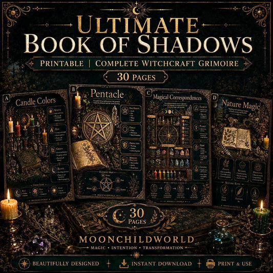 Printable Book of Shadows pages featuring gold text and mystical illustrations on a dark, candlelit background.