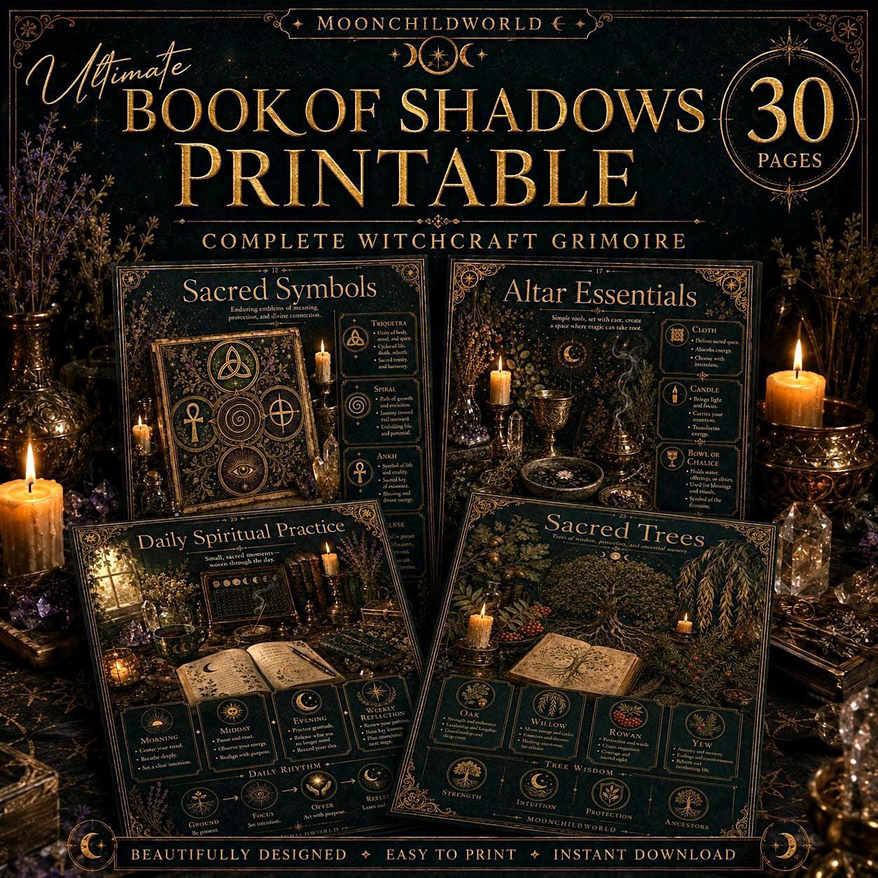 Printable Book of Shadows pages with gold text and mystical illustrations on a dark background, displayed with candles.