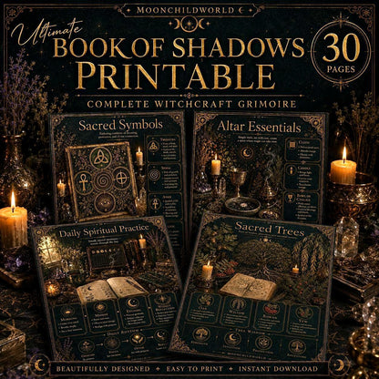 Printable Book of Shadows pages with gold text and mystical illustrations on a dark background, displayed with candles.
