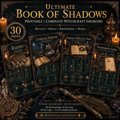 Printable 30-page Book of Shadows grimoire with gold text and mystical illustrations on a dark, candlelit background.
