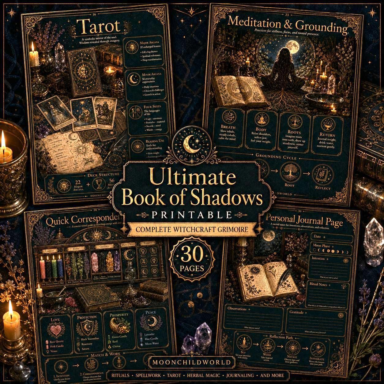 Printable 30-page Book of Shadows grimoire with gold text on dark backgrounds featuring tarot, meditation, and ritual guides.