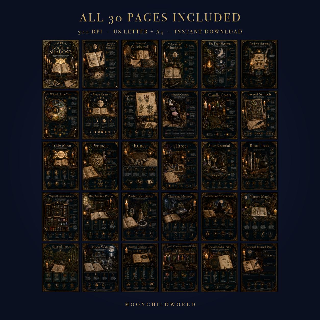 Thirty printable Book of Shadows pages featuring gold mystical illustrations on a dark, candlelit background.