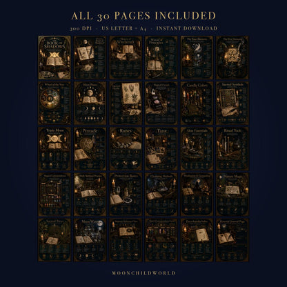 Thirty printable Book of Shadows pages featuring gold mystical illustrations on a dark, candlelit background.