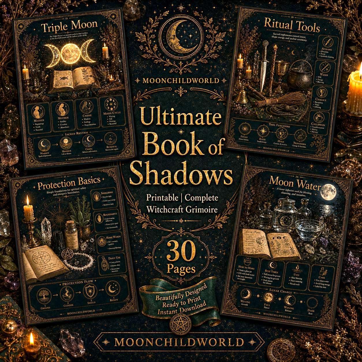 Printable Book of Shadows pages with gold magical illustrations and text on a dark, candlelit background for a Wiccan grimoire.