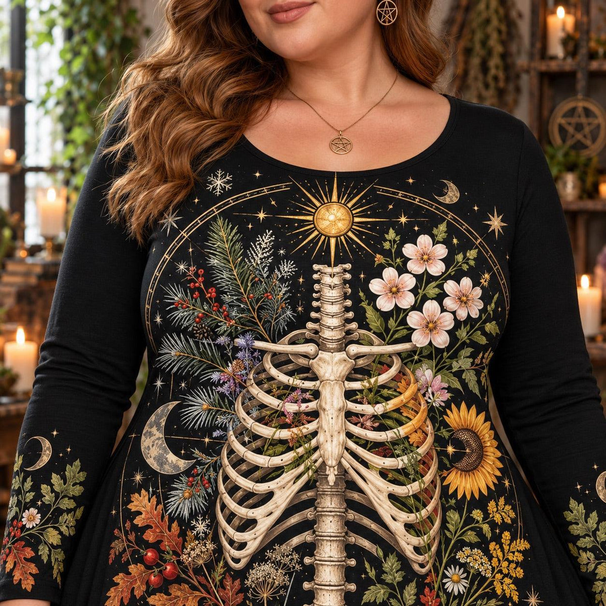Botanical Skeleton Plus Size Pagan Dress – Seasonal Long Sleeve Maxi – close up of the printed artwork