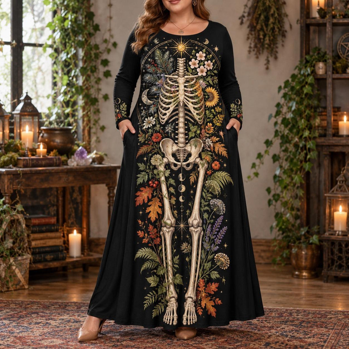 Botanical Skeleton Plus Size Pagan Dress – Seasonal Long Sleeve Maxi – worn, front view