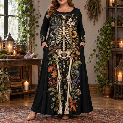 Botanical Skeleton Plus Size Pagan Dress – Seasonal Long Sleeve Maxi – worn, front view