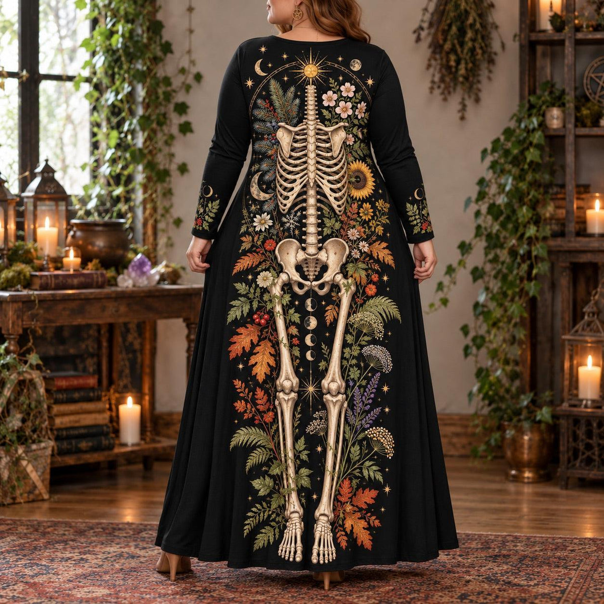 Botanical Skeleton Plus Size Pagan Dress – Seasonal Long Sleeve Maxi – worn, back view