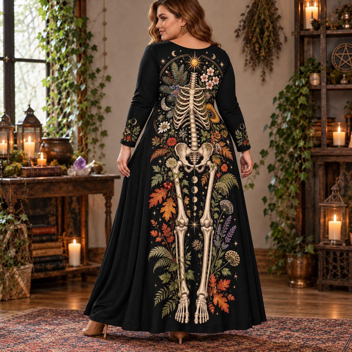Botanical Skeleton Plus Size Pagan Dress – Seasonal Long Sleeve Maxi – worn, three quarter view