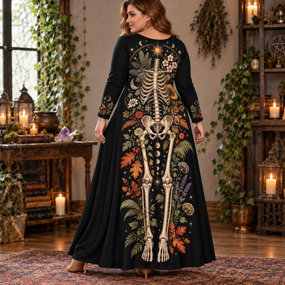 Botanical Skeleton Plus Size Pagan Dress – Seasonal Long Sleeve Maxi – worn, three quarter view