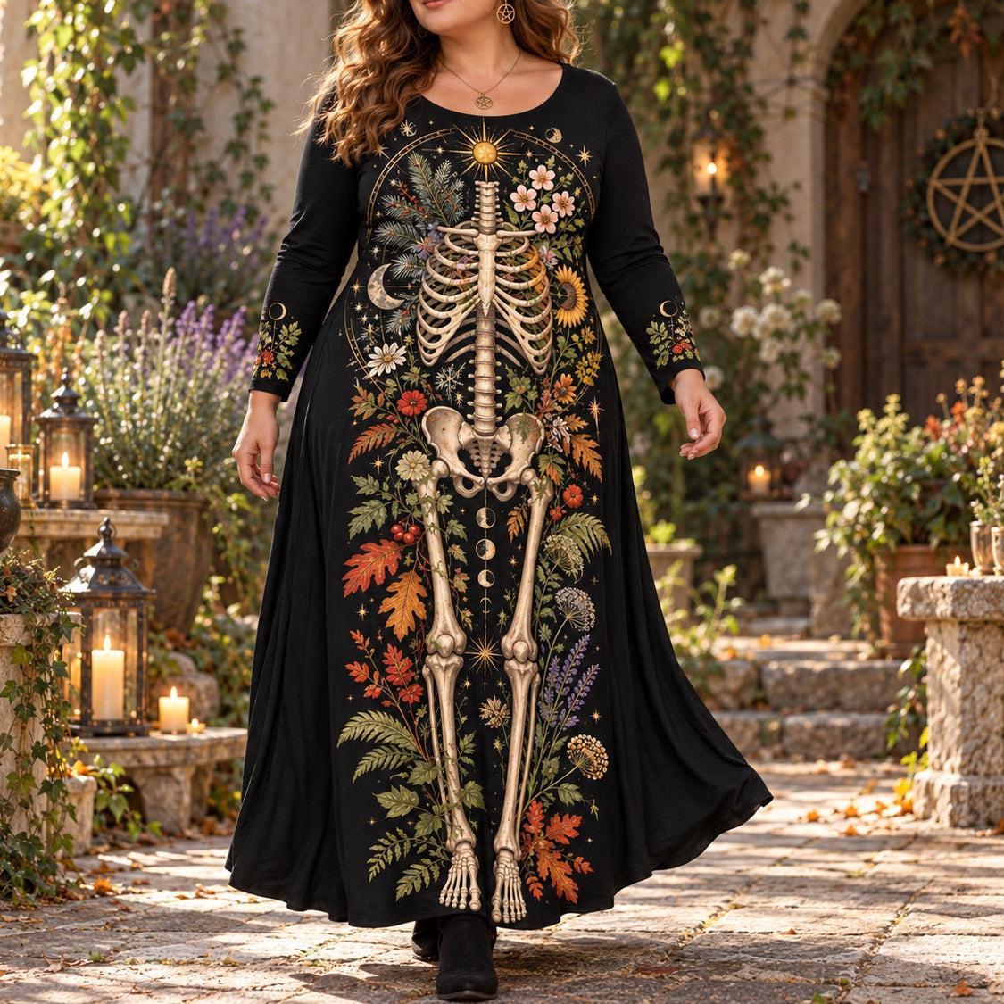 Botanical Skeleton Plus Size Pagan Dress – Seasonal Long Sleeve Maxi – worn, in motion