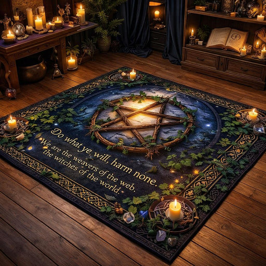 Dark blue Element Pentagram Area Rug with a glowing pentacle, celestial details, and "Do what ye will, harm none" text.