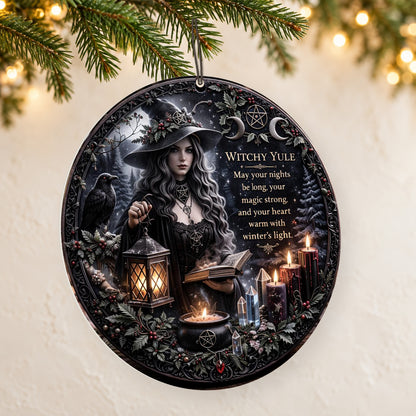 Brass Lantern & Cream Blessing Dark Witch Ceramic Ornament – Gothic Christmas Tree Decor — thin double-sided ceramic ornament, left angled hanging view.