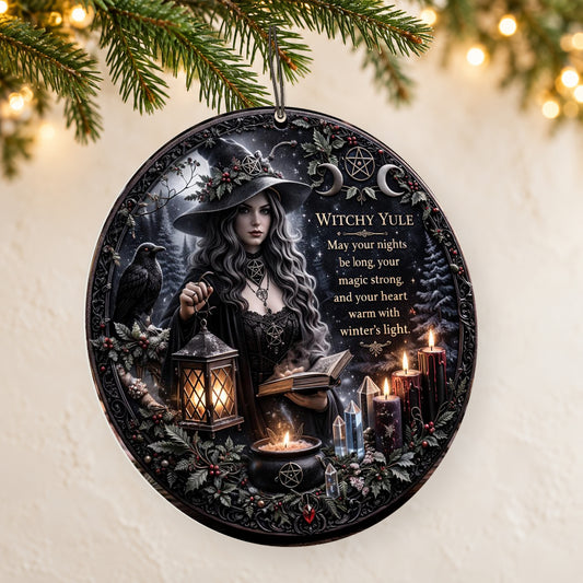 Brass Lantern & Cream Blessing Dark Witch Ceramic Ornament – Gothic Christmas Tree Decor — thin double-sided ceramic ornament, left angled hanging view.
