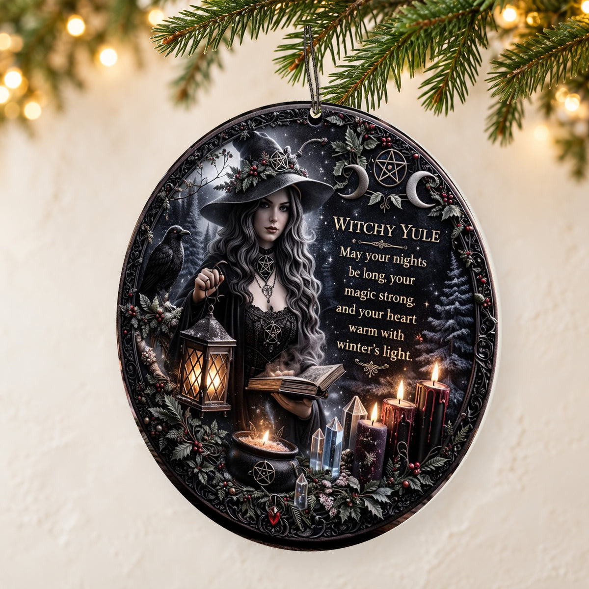 Brass Lantern & Cream Blessing Dark Witch Ceramic Ornament – Gothic Christmas Tree Decor — thin double-sided ceramic ornament, reverse-side right angled hanging view, identical double-sided print.