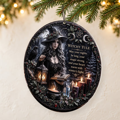 Brass Lantern & Cream Blessing Dark Witch Ceramic Ornament – Gothic Christmas Tree Decor — thin double-sided ceramic ornament, reverse-side right angled hanging view, identical double-sided print.
