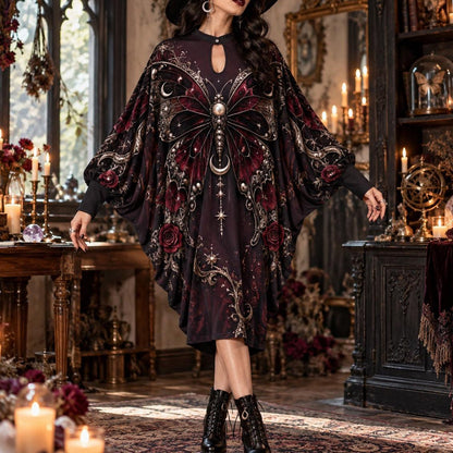 Burgundy Butterfly Moon Gothic Batwing Dress – Rose Witchy Midi – worn, front view