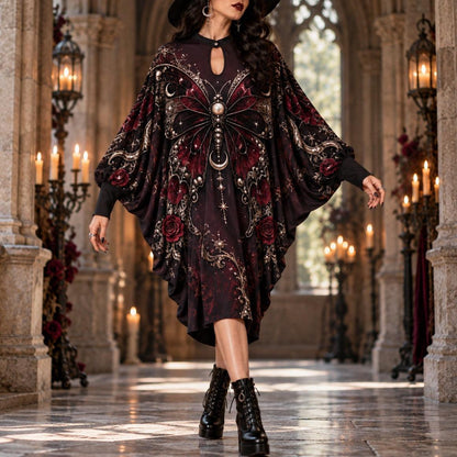 Burgundy Butterfly Moon Gothic Batwing Dress – Rose Witchy Midi – worn, in motion