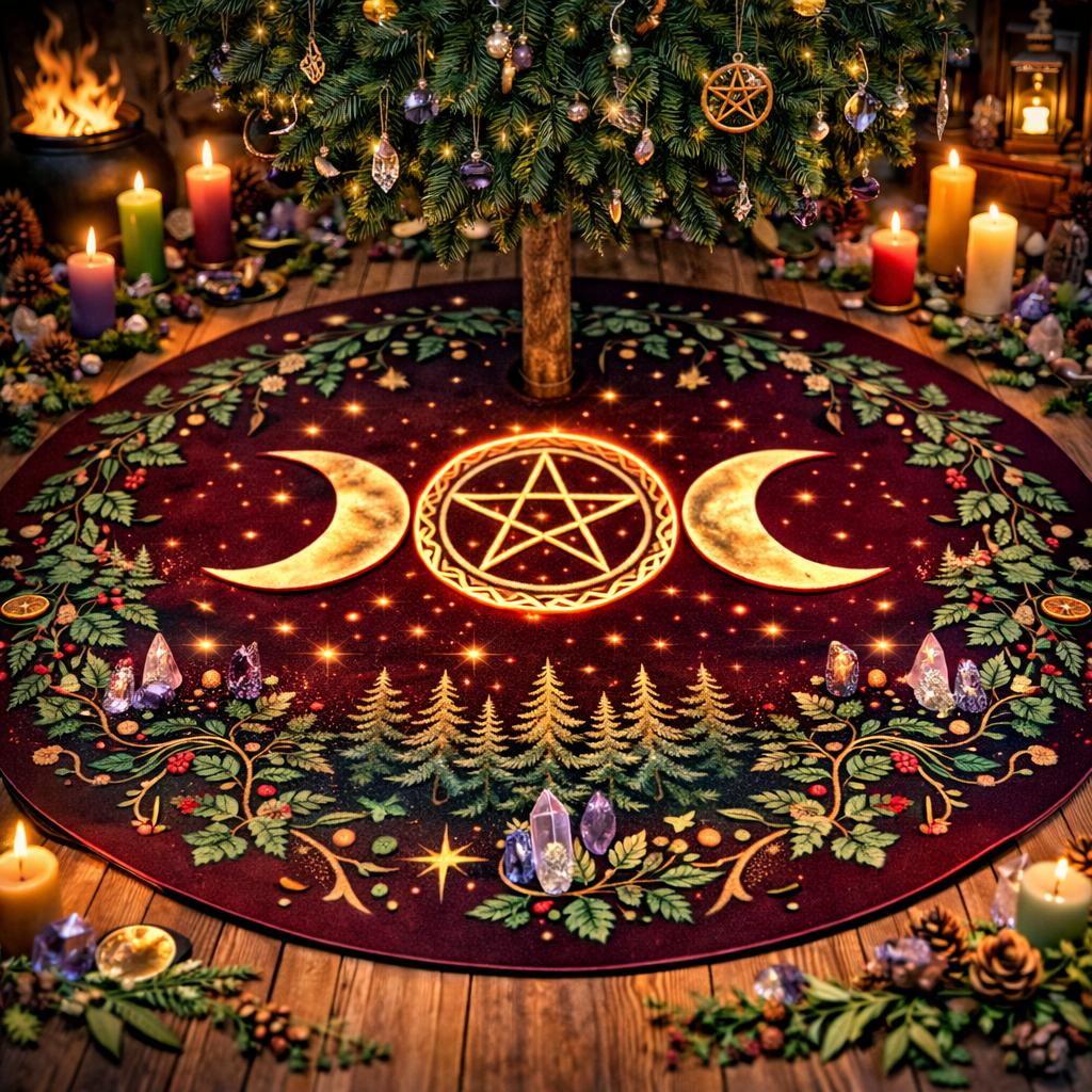Dark ethereal velvet tree skirt with glowing triple moon, pentacle, and evergreen forest design.