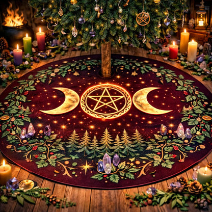 Dark ethereal velvet tree skirt with glowing triple moon, pentacle, and evergreen forest design.