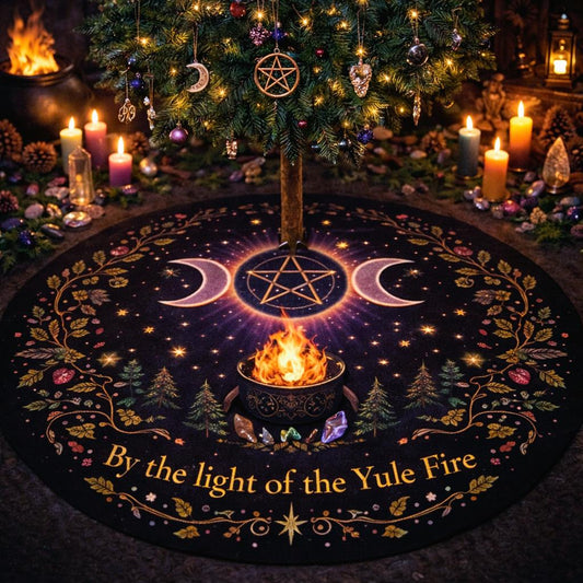 Black velvet Pagan Yule tree skirt with a glowing purple Triple Moon and pentagram, "By the light of the Yule Fire" text.
