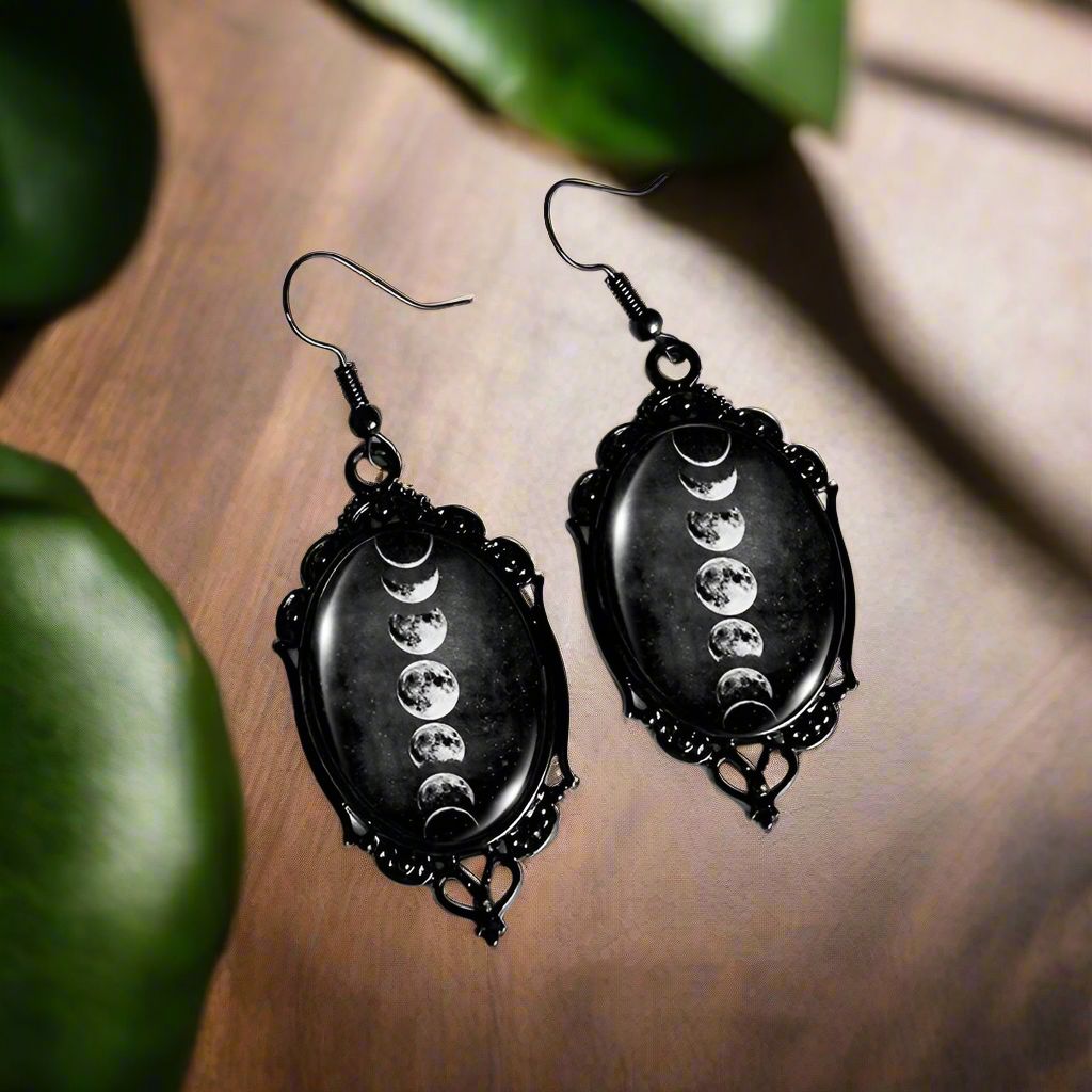 Moon Phase Earrings Moon Gothic Black Lace Glass Earrings Wicca Jewelry-MoonChildWorld