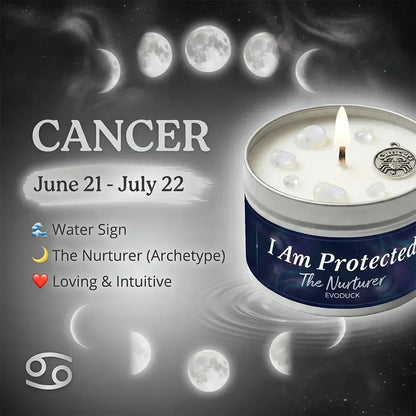 Cancer Zodiac Candle, June 21 to July 22, with moon phases background - Water Sign, The Nurturer, Loving and Intuitive