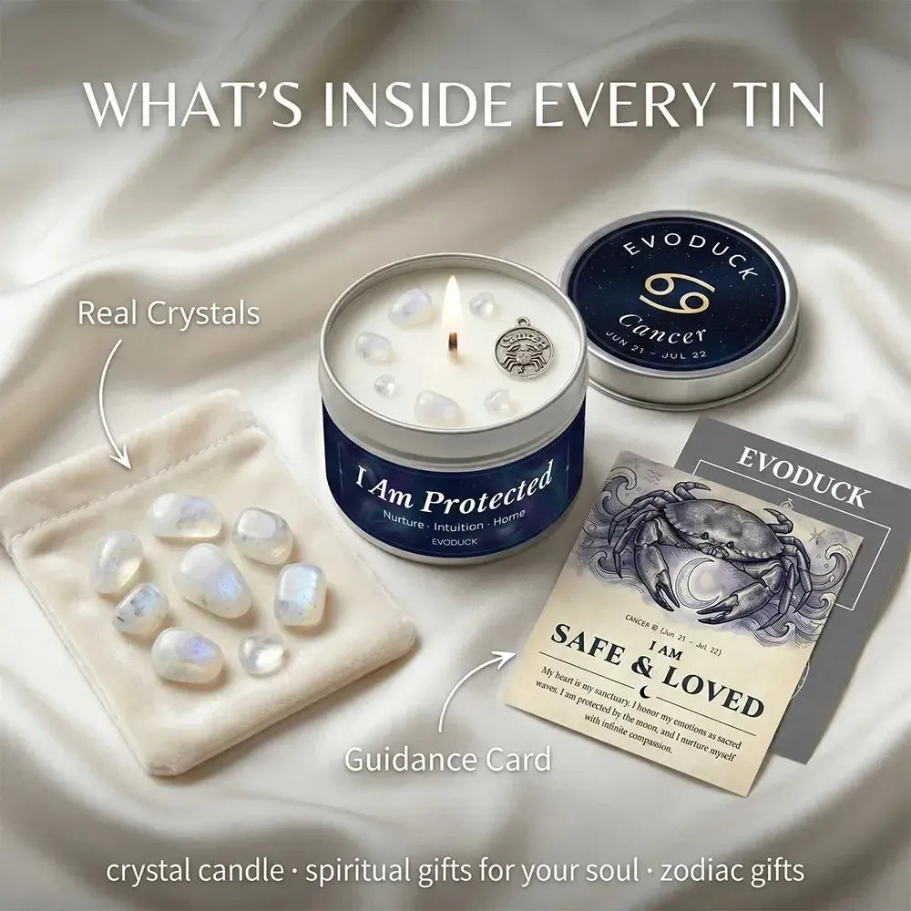 What's Inside Every Tin - Cancer Candle with real moonstone crystals and a Safe and Loved guidance card featuring a crab illustration