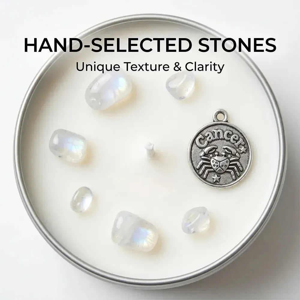 Close-up of Cancer Candle wax with moonstone crystal tumbles and a Cancer crab charm - Hand-Selected Stones, Unique Texture and Clarity