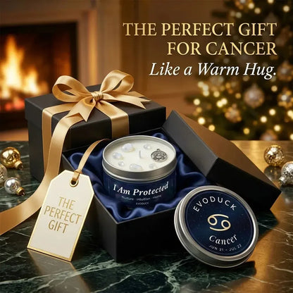 Cancer Candle gift box with gold ribbon and gift tag by a fireplace - The Perfect Gift for Cancer, Like a Warm Hug
