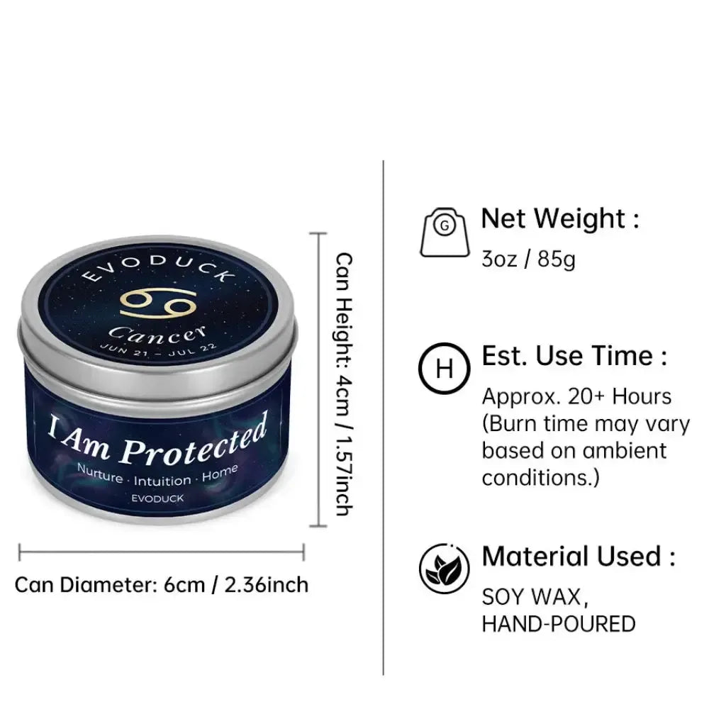 Cancer Candle size specifications infographic - 3oz soy wax candle, 20 hour burn time, hand-poured