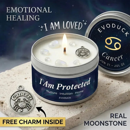 Cancer Zodiac Candle I Am Protected with moonstone crystals and Cancer zodiac charm - Emotional Healing, Real Moonstone, Free Charm Inside