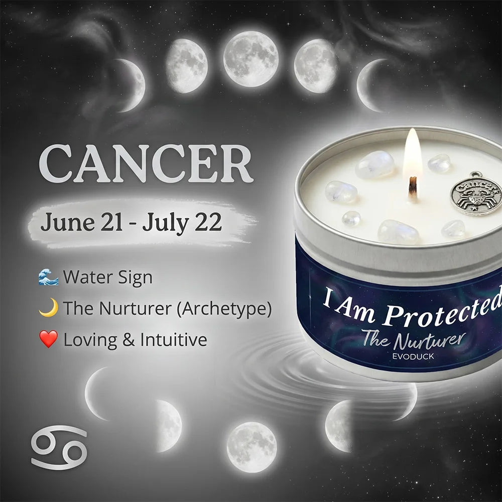 Cancer Zodiac Candle, June 21 to July 22, with moon phases background - Water Sign, The Nurturer, Loving and Intuitive