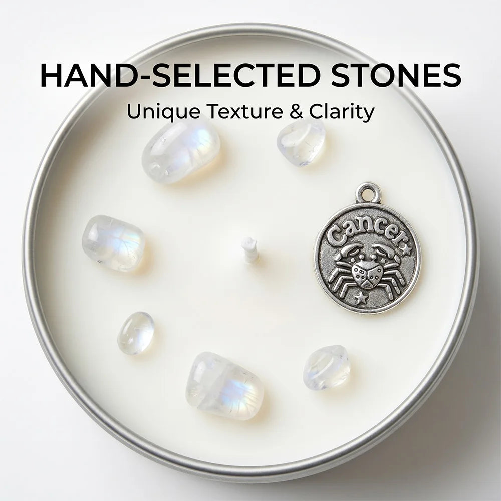 Close-up of Cancer Candle wax with moonstone crystal tumbles and a Cancer crab charm - Hand-Selected Stones, Unique Texture and Clarity