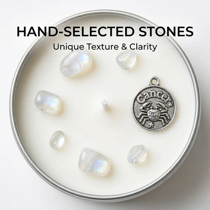 Close-up of Cancer Candle wax with moonstone crystal tumbles and a Cancer crab charm - Hand-Selected Stones, Unique Texture and Clarity