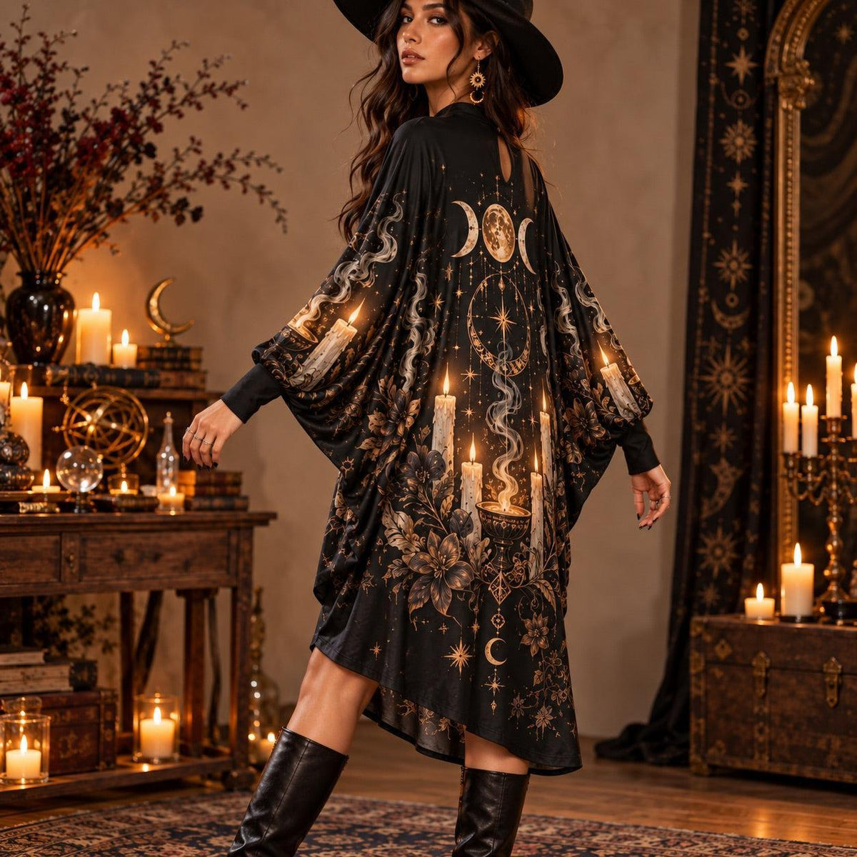 Candle Coven Witchy Batwing Dress – Gothic Triple Moon Midi – worn, three quarter view