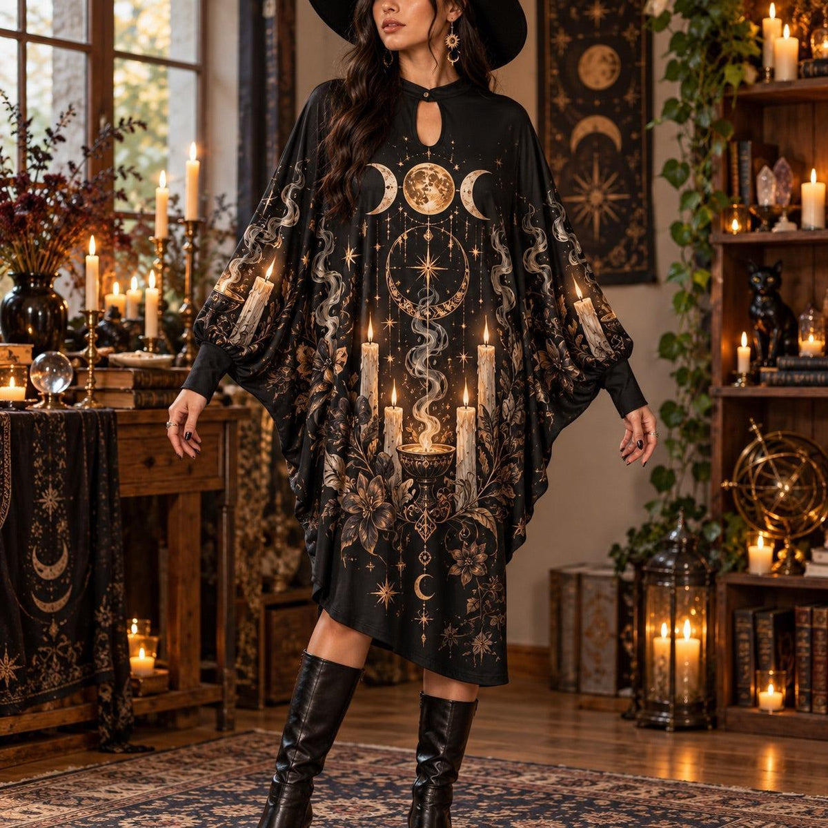 Candle Coven Witchy Batwing Dress – Gothic Triple Moon Midi – worn, front view
