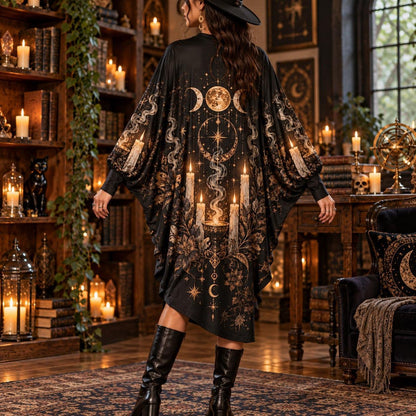 Candle Coven Witchy Batwing Dress – Gothic Triple Moon Midi – worn, back view