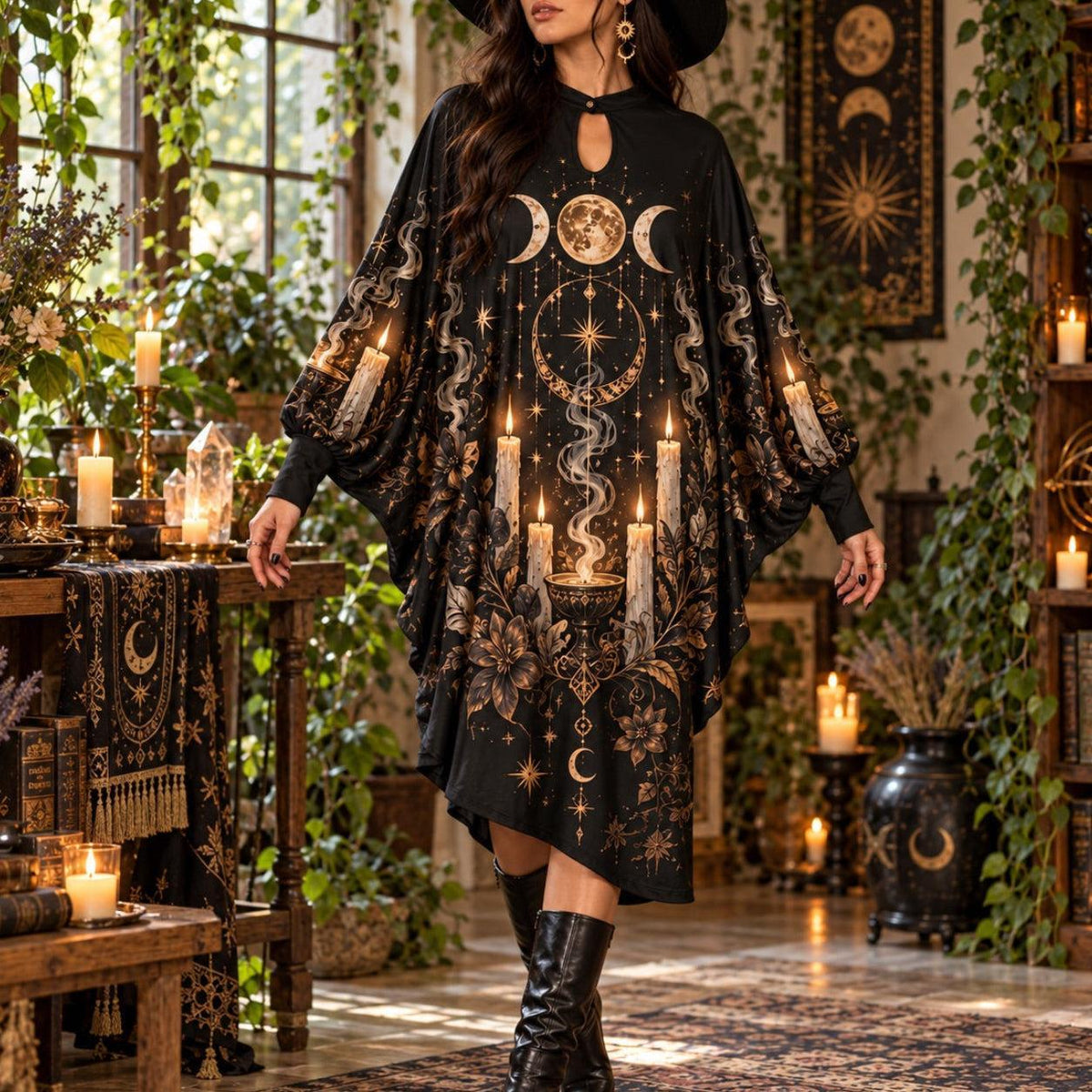 Candle Coven Witchy Batwing Dress – Gothic Triple Moon Midi – worn, in motion