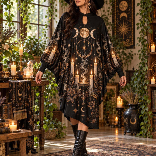 Candle Coven Witchy Batwing Dress – Gothic Triple Moon Midi – worn, in motion
