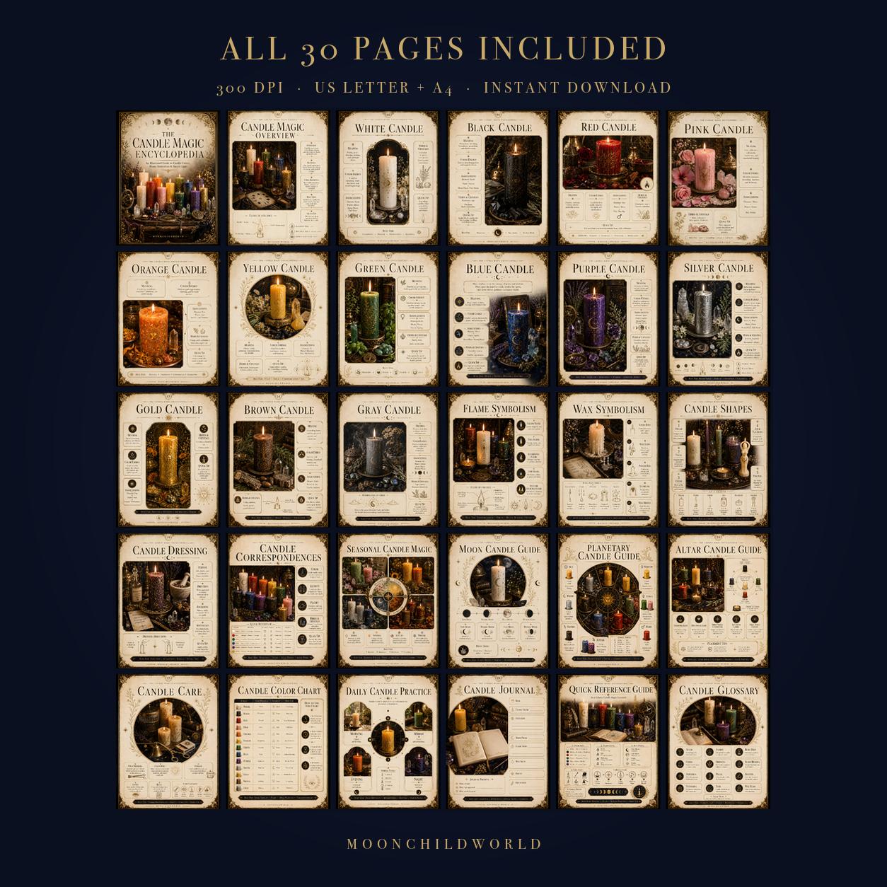 Thirty-page printable candle magic grimoire with parchment-style pages, candle color guides, and mystical illustrations.